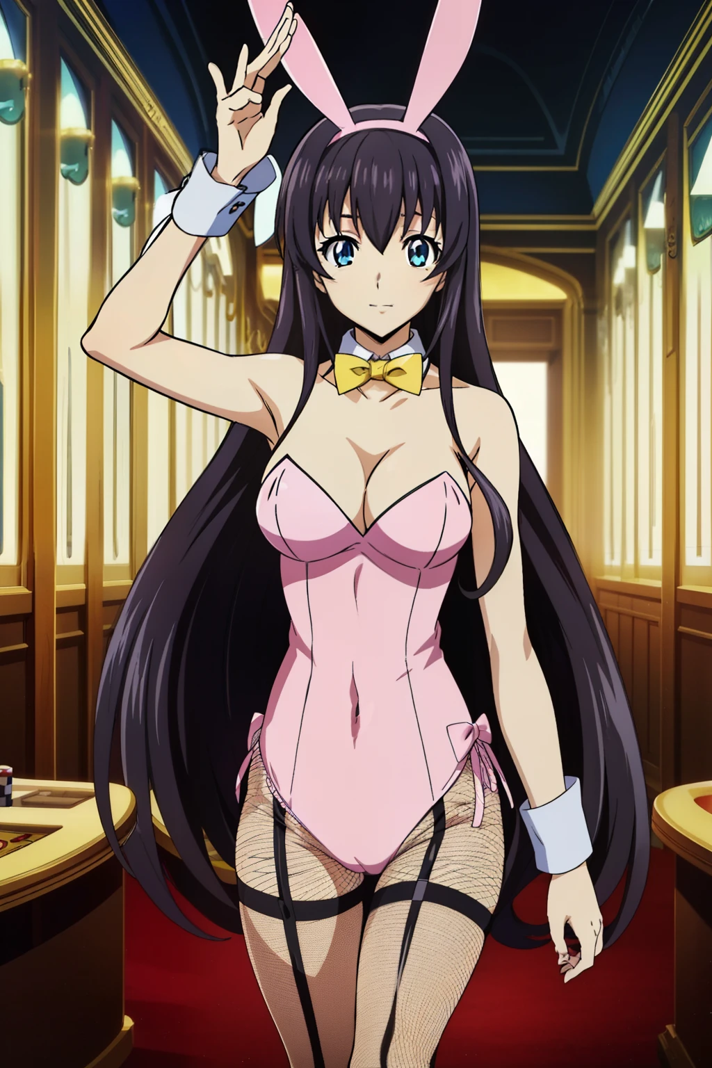 Black Hair,Long Hair,blue eyes,bangs, ((髪band)), Animeセル画スタイル,masterpiece, Highest quality, Very detailed, a Anime女の子, (casino), (((Playboy bunny, Fishnet tights, high leg, Bunny suit, tube top, bow tie))), (posing),Naughty anime style, Anime, Naughty style, Naughty, Digital anime art!!, Anime Style, Official artwork, Visual Novel CG, 美しいAnime, Anime Style (Animeセル画スタイル, masterpiece, Highest quality, High resolution, Anime Color, Megami Magazine:1.2, Anime poster style, Anime key visual, sharp, 8k, Realistic), (Beautiful Eyes:1.5), One girl, cute, Black Hair, Large Breasts, Cleavage, (Perfectly detailed anatomy, Perfect Arms, Perfect Fingers, Beautiful Face, Perfect body, Glowing Skin), 