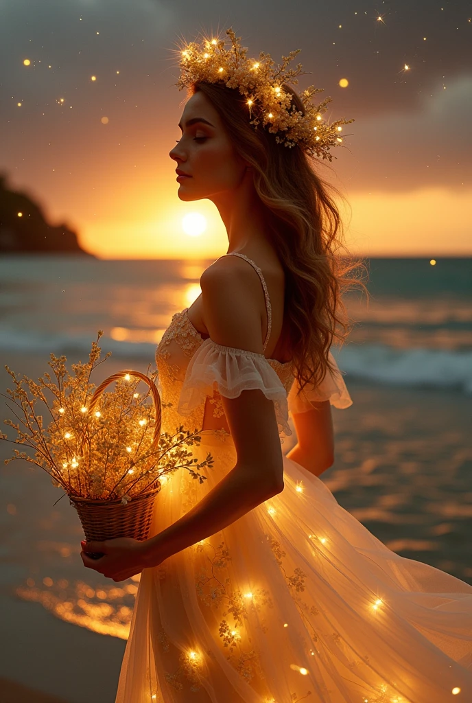 A beautiful lady standing on the sunset sea beach, wearing floral star lights dress and a floral star crown in her head, holding a star light golden flower basket in her hand, dramatic illusion of light in the nature, stars falling from the sky, black and golden theme nature