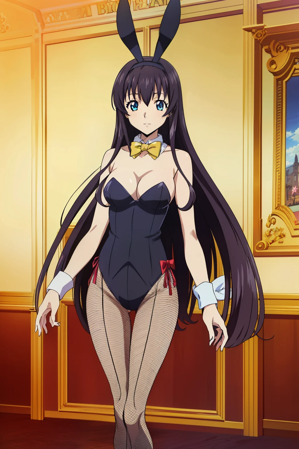Black Hair,Long Hair,blue eyes,bangs, ((髪band)), Animeセル画スタイル,masterpiece, Highest quality, Very detailed, a Anime女の子, (casino), (((Playboy bunny, Fishnet tights, high leg, Bunny suit, tube top, bow tie))), (posing),Naughty anime style, Anime, Naughty style, Naughty, Digital anime art!!, Anime Style, Official artwork, Visual Novel CG, 美しいAnime, Anime Style (Animeセル画スタイル, masterpiece, Highest quality, High resolution, Anime Color, Megami Magazine:1.2, Anime poster style, Anime key visual, sharp, 8k, Realistic), (Beautiful Eyes:1.5), One girl, cute, Black Hair, Large Breasts, Cleavage, (Perfectly detailed anatomy, Perfect Arms, Perfect Fingers, Beautiful Face, Perfect body, Glowing Skin),