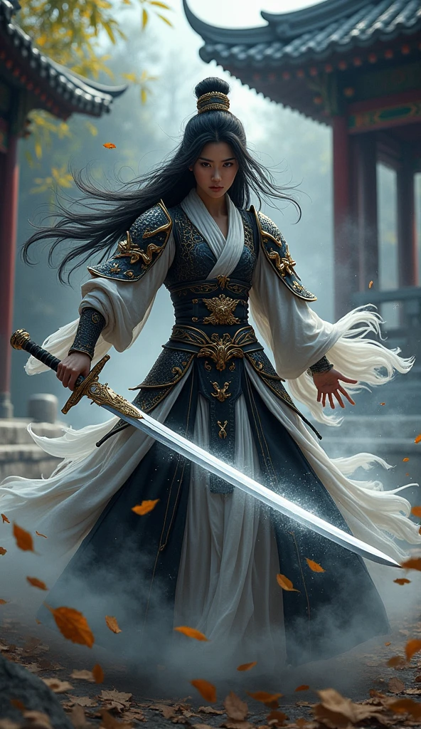 A long-haired Chinese woman is depicted wearing traditional East Asian warrior armor in black, white and gold. She is engaged in battle, wielding an ancient Chinese sword. Her body is surrounded by a silver aura that radiates outward. The dark background features elements of ancient East Asian architecture, such as tiled roofs and wooden pillars. The outdoor scene incorporates natural elements, such as bamboo trees or bushes. The lighting suggests early morning or late afternoon, creating a quiet yet mysterious atmosphere. The scattered leaves add a sense of movement and tranquility.