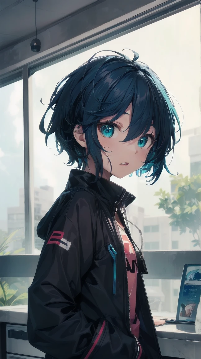 Close-up of a manga girl with blue hair and a yellow shirt, 2D Animation, 2D Animation style, 2D Art, 2D Art, 2D from Gorillaz, 2D from Gorillaz, 2D Gorillaz, Screaming Cerket, 2D Sprite, Jinx Face, short hair, Small breasts, hot pants, ((Black Hair, Inner bright blue hair:1.4))
