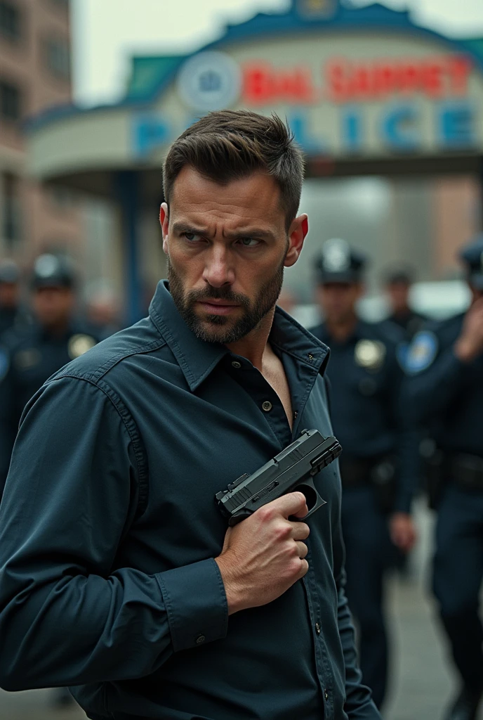 Man with gun and  
 in his shirt.backgroound with police station 