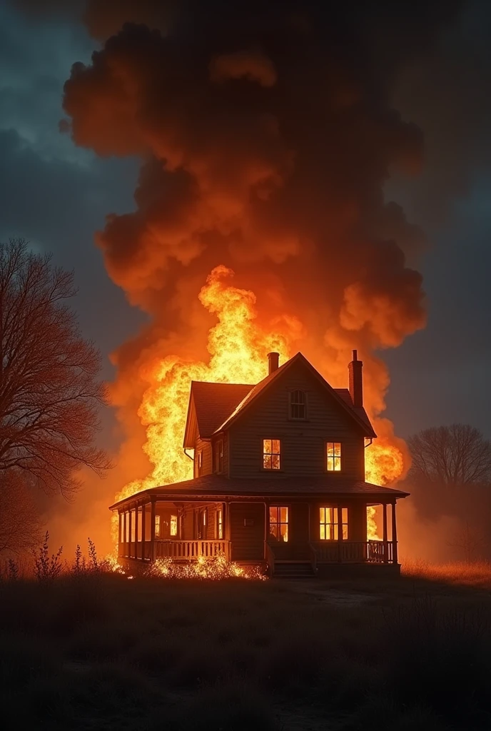 A 1940s wooden house engulfed in flames at night, with smoke billowing into the dark sky.