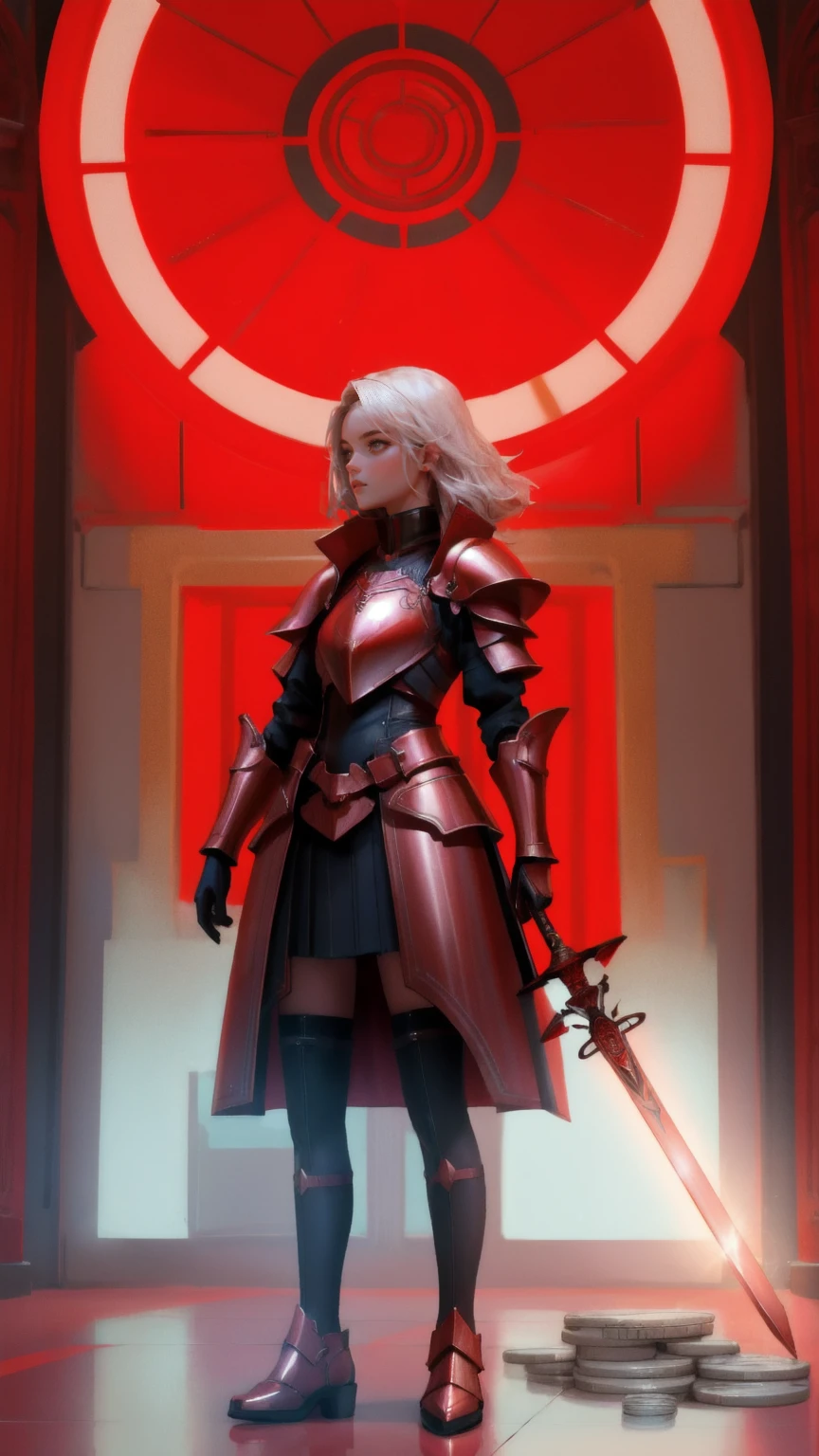 a futuristic girl guarding money, red vault, metallic Armour, holding sword.