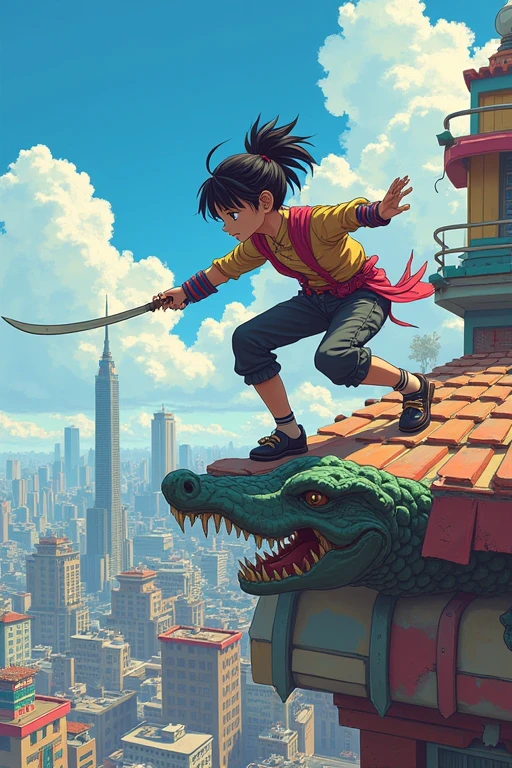 Anime girl fights with kunai in the city on the roof of a toy skyscraper with a crocodile
