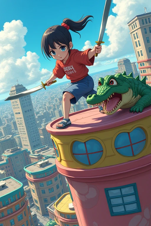 Anime girl fights with kunai in the city on the roof of a toy skyscraper with a crocodile