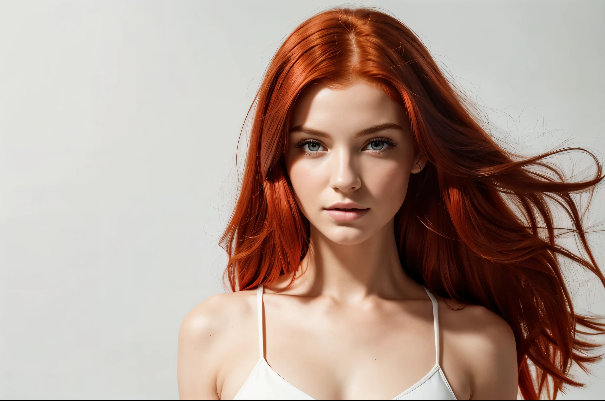 hyper-realistic photo of a woman with (((Red hair))), shown from the bust up, (((8))), with the entire upper body fully visible within the frame. Her hair must be extremely voluminous(((Red hair))), well maintained and perfectly styled. Make sure the woman is portrayed with a clear and natural expression. (((white background))), No details or distractions, just a smooth white surface. The entire upper body of the woman should be fully visible, without any part cut off. (((white background))) Use soft, flat lighting to highlight the texture and shine of her hair and skin.(((Red hair))). The photo must be ultra photorealistic, (((white background))), clear as crystal, 8K  UHD, with fine details and a high quality polished finish. Make sure the entire image is sharp and in focus., no blur or softness. Use the lens at its widest aperture to achieve maximum sharpness and ensure that every detail in the image is perfectly clear and in focus..