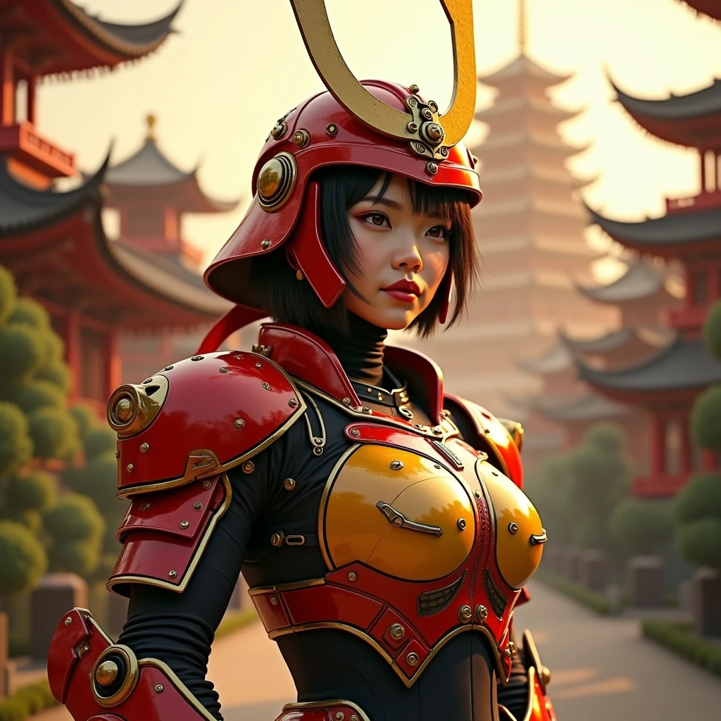 thai-canadian slightly plump woman with a strong samurai,armor is primarily red accent and yellow,echoing traditional crop samurai armor.The helmet features a prominent crest,similar to the kabuto helmets worn by samurai.intricate mecha elements, such as exposed joints and pistons,emphasizing its robotic nature.mecha pants and boots.amidts pagoda temple in sunset dappled sunlight.
