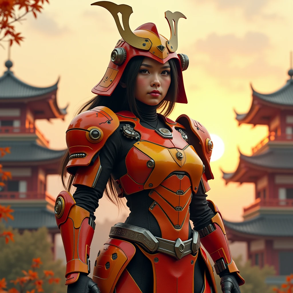 thai-canadian slightly plump woman with a strong samurai,armor is primarily red accent and yellow,echoing traditional crop samurai armor.The helmet features a prominent crest,similar to the kabuto helmets worn by samurai.intricate mecha elements, such as exposed joints and pistons,emphasizing its robotic nature.mecha pants and boots.amidts pagoda temple in sunset dappled sunlight.