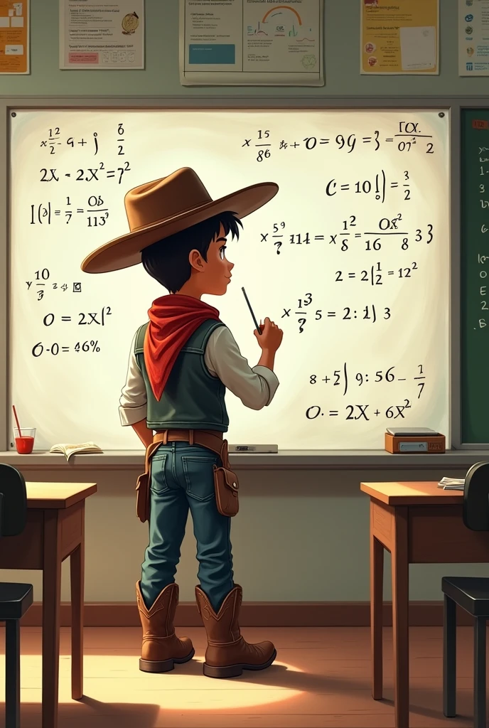 A boy dressed as a cowboy (like at the Cowboys' party) from the city of Curaçá in Bahia solving integrals in the classroom on the whiteboard