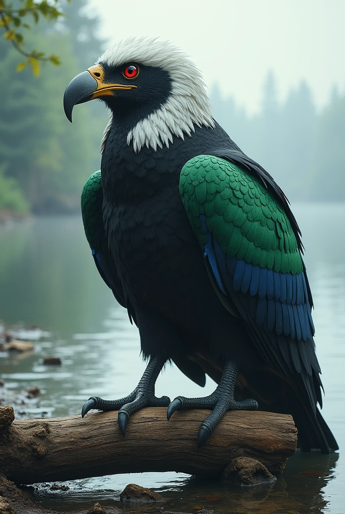 A bird sit on wood fallen near the big river size of bird is very large eye is of red colour and bird is of black and green and white and blue colour