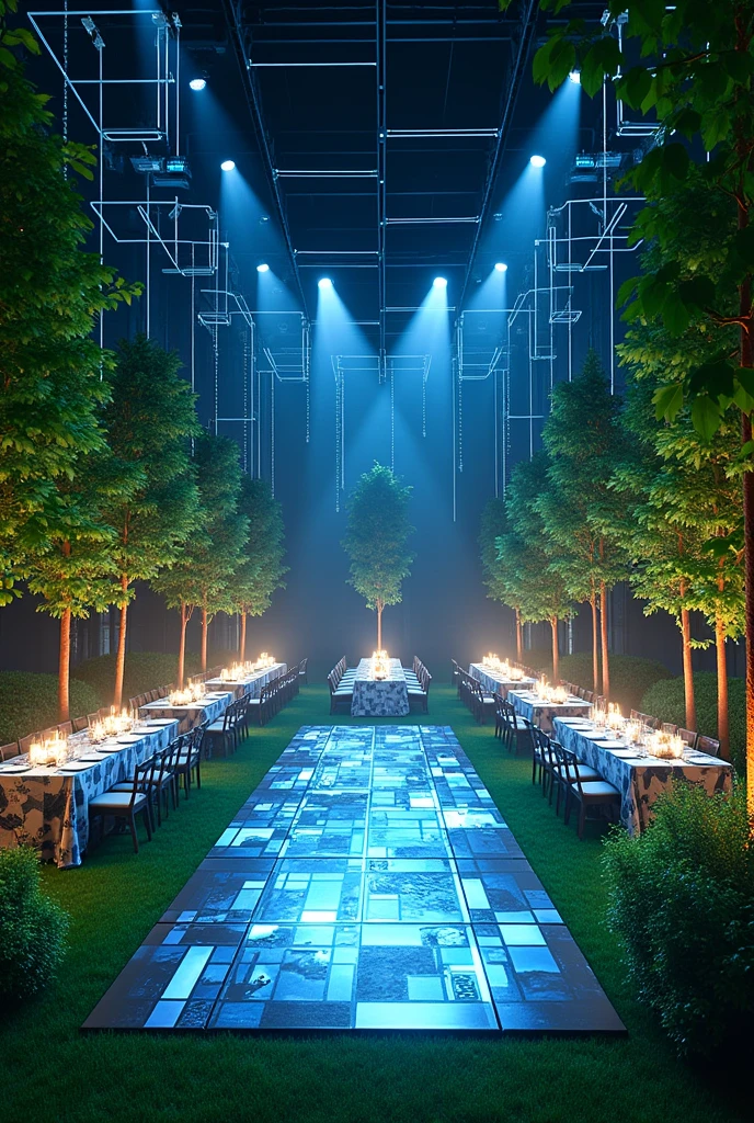 CORPORATE EVENT WITH IA THEME DECORATION IDEAS FOR TABLES, CHAIRS, TOTES THAT ARE VARIOUS IMAGES, FLOOR DECORATION WITH PLATFORM WITH LIGHTS, CEILING DECORATION, HOUSEHOLD ITEMS THAT ARE LOCATED IN A GREEN AREA, ONLY THE FLOOR