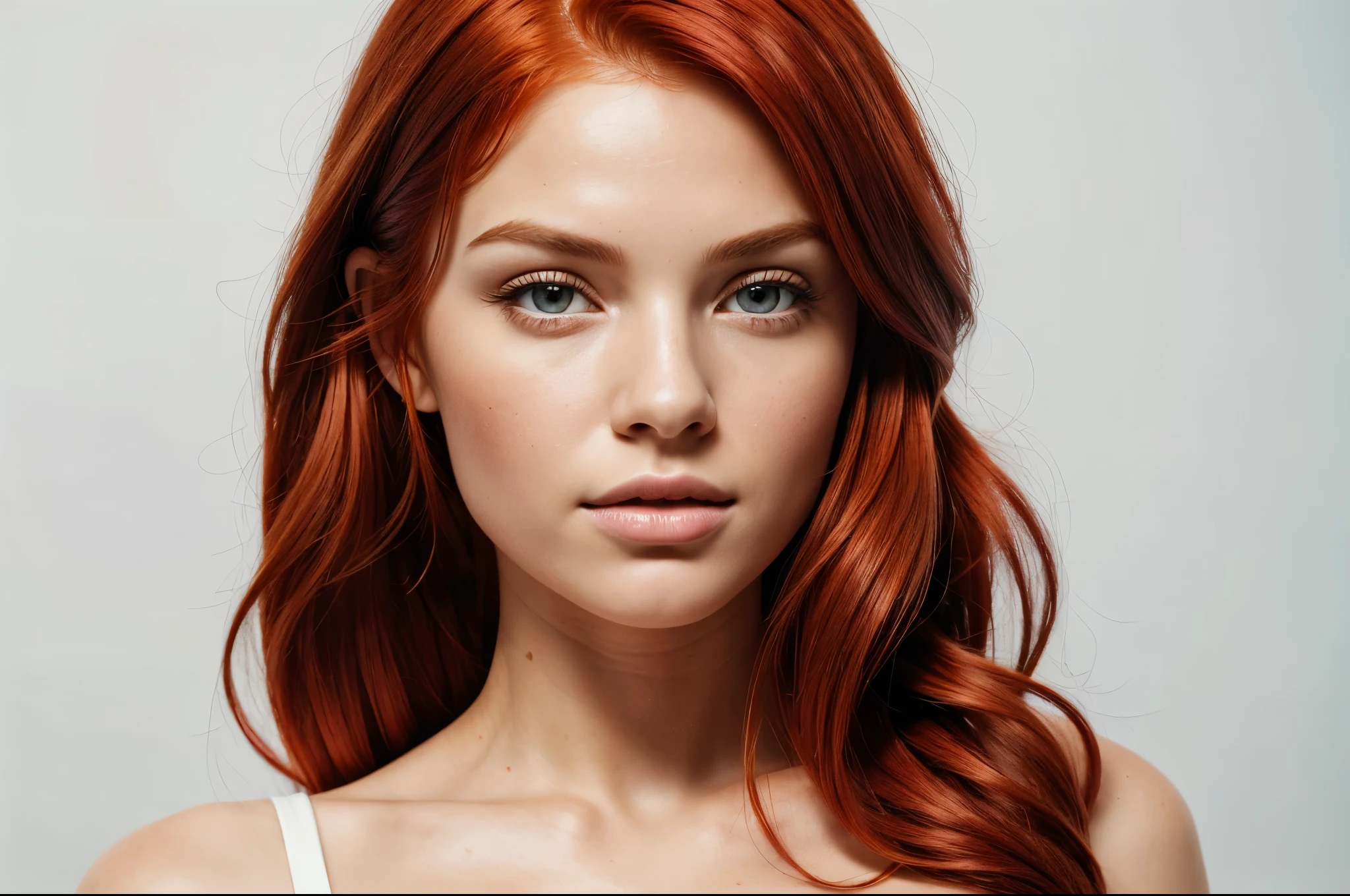 hyper-realistic photo of a woman with (((Red hair))), shown from the bust up, (((8))), with the entire upper body fully visible within the frame. Her hair must be extremely voluminous(((Red hair))), well maintained and perfectly styled. Make sure the woman is portrayed with a clear and natural expression. (((white background))), No details or distractions, just a smooth white surface. The entire upper body of the woman should be fully visible, without any part cut off. (((white background))) Use soft, flat lighting to highlight the texture and shine of her hair and skin.(((Red hair))). The photo must be ultra photorealistic, (((white background))), clear as crystal, 8K UHD, with fine details and a high quality polished finish. Make sure the entire image is sharp and in focus., no blur or softness. Use the lens at its widest aperture to achieve maximum sharpness and ensure that every detail in the image is perfectly clear and in focus..
