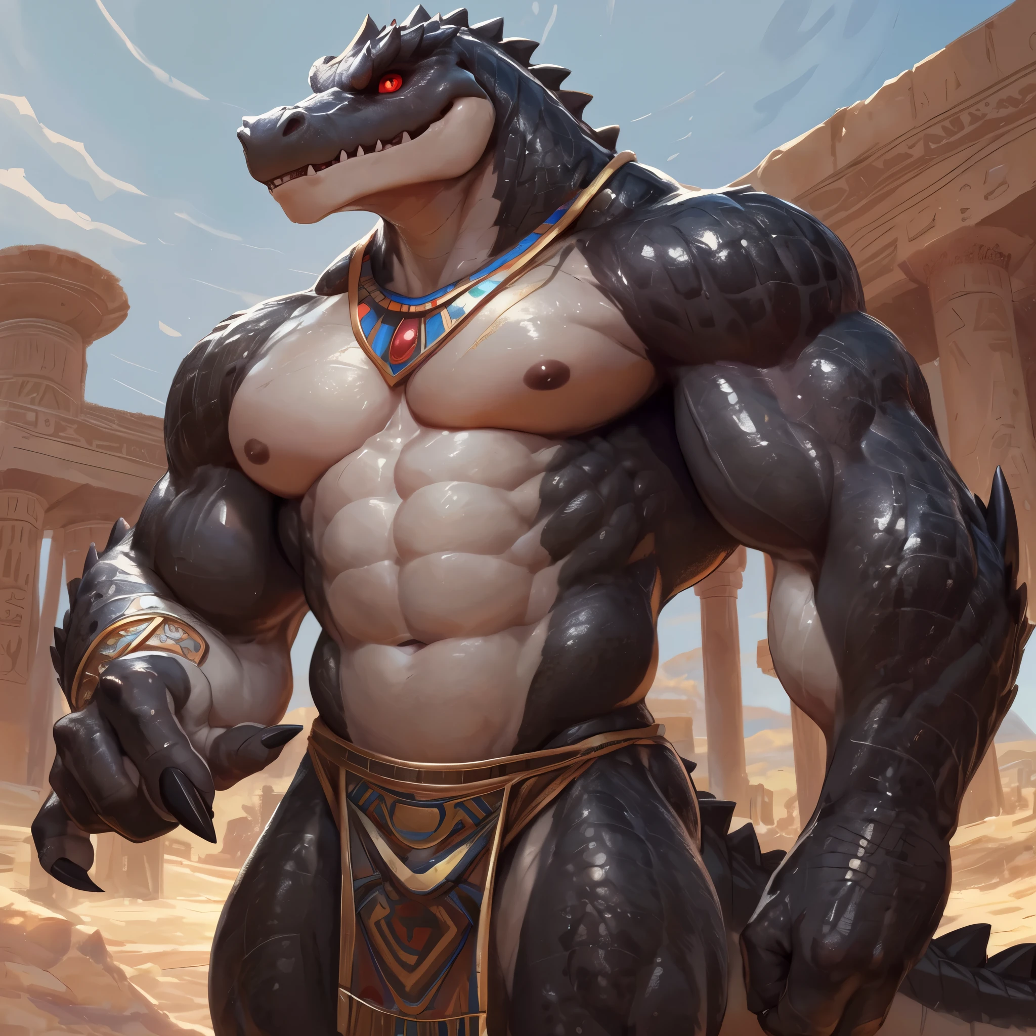 solo, male, humanoid, ultra details, alligator, ultra detailed muscles, black scales, white belly, standing up, black claws, red slit eyes, muscular, no nipple, menacing, sexy, handsome, ultra detailed slit eyes, pecs, hind leg, tail, (Masterpiece, by null-ghost, ultra hi-res, 8k), wear ancient egypt accessories, naked torso, black colour loincloth, oasis, ancient Egypt landscape, Nile river, front point of view,