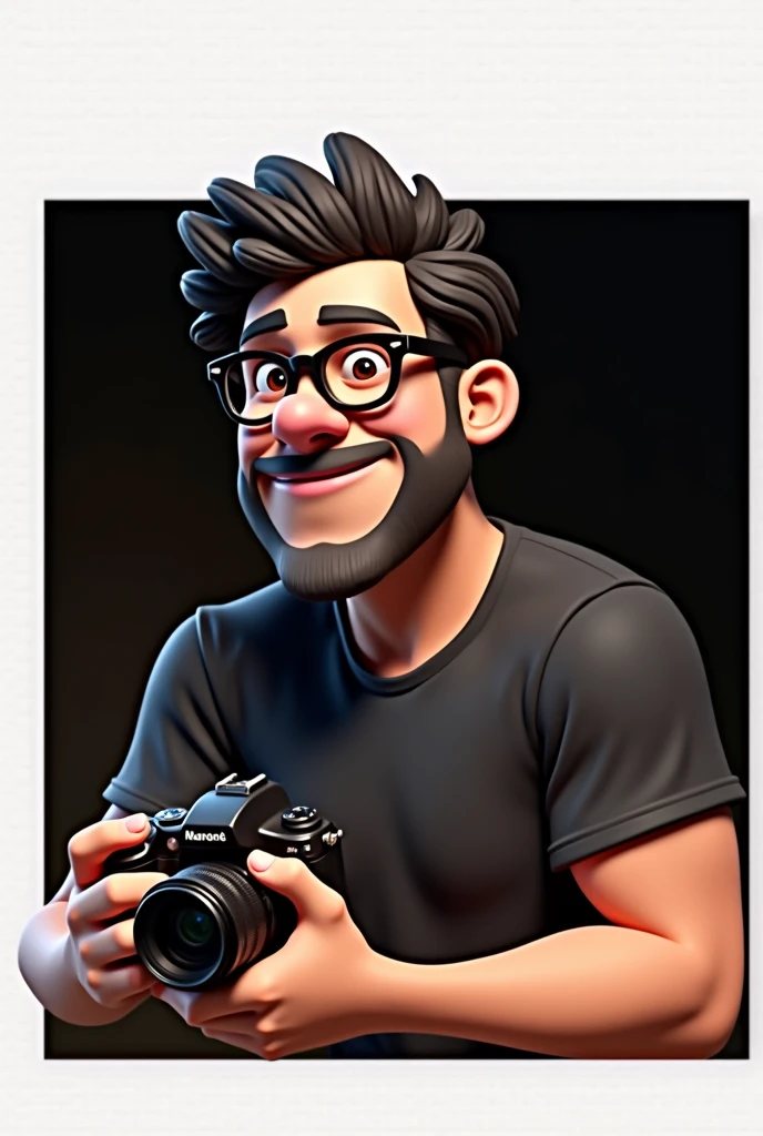 Cartoon character of a man with black glasses, Dark brown curly hair and a black shirt, camera in hands, animation character, stylized character, animation style rendering, 3D stylized(pixar style) (master part:1.2) (bokeh) (Best Quality) (detailed skin) (detailed texture) (8k) (clay) (cinematic lighting) (sharp focus)