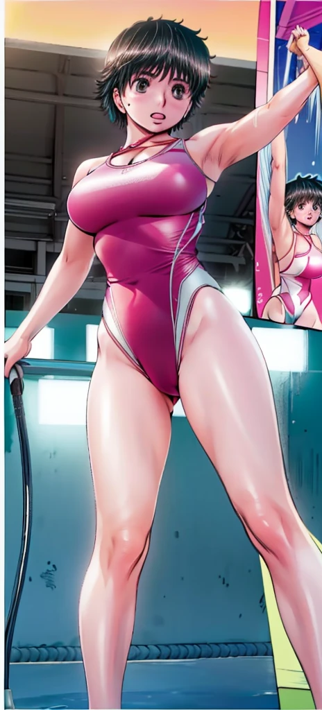 A beautiful girl with short hair, boyish features, big breasts and beautiful legs is standing by the pool in a bright pink high-cut competitive swimsuit with the arena logo on it, with her legs spread to the sides, blushing and her mouth open.。Angle from below。