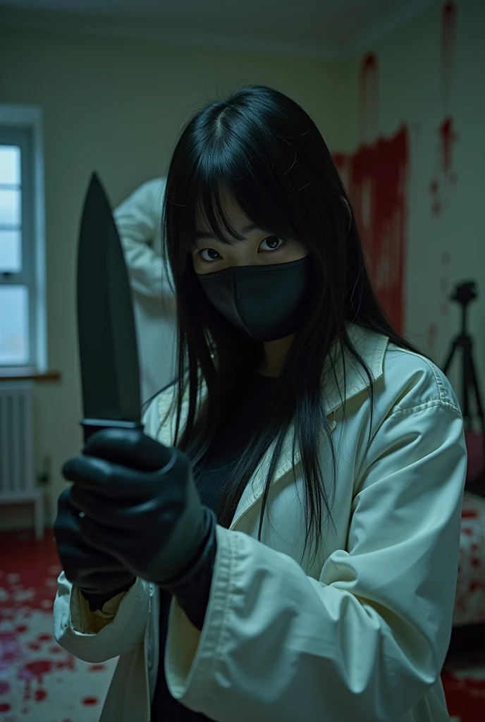 korean girl, (behind stiff, holding knife), black surgical mask, black leather gloves, bloody room, white raincoat, hood up, holding knife, leather gloves, woman on top, behind cadaver, blood splatter, bed room, night, mass murderer, killer, long bangs, blood splatter, atmospheric realistic, entrance of the house, close-up, tripod and camera in the back, shooting with camera