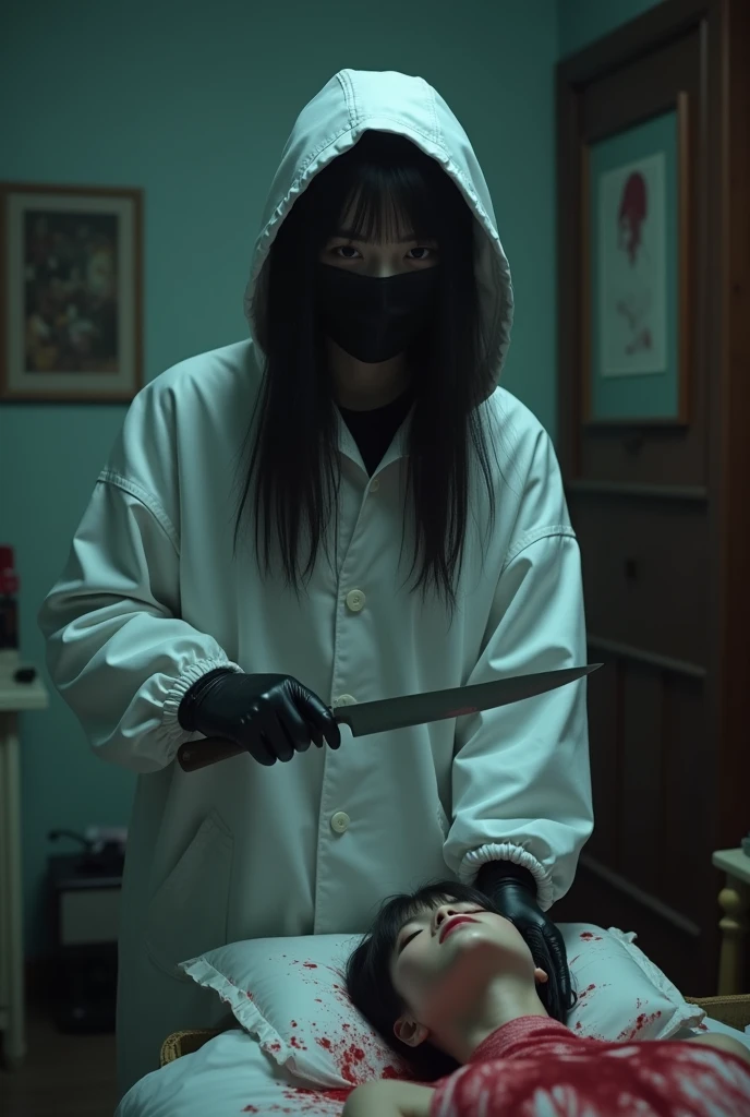 korean girl, (behind stiff, holding knife), black surgical mask, black leather gloves, bloody room, white raincoat, hood up, holding knife, leather gloves, woman on top, behind cadaver, blood splatter, bed room, night, mass murderer, killer, long bangs, blood splatter, atmospheric realistic, entrance of the house, close-up, tripod and camera in the back, shooting with camera