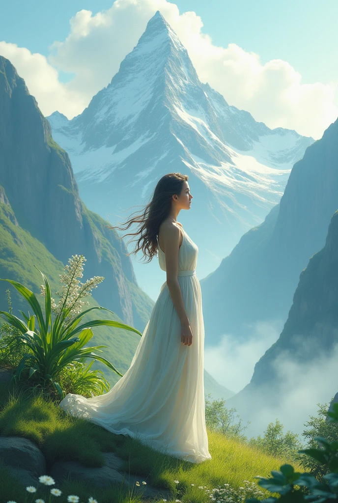 Make a image a girl stand in mountain with a plant 
