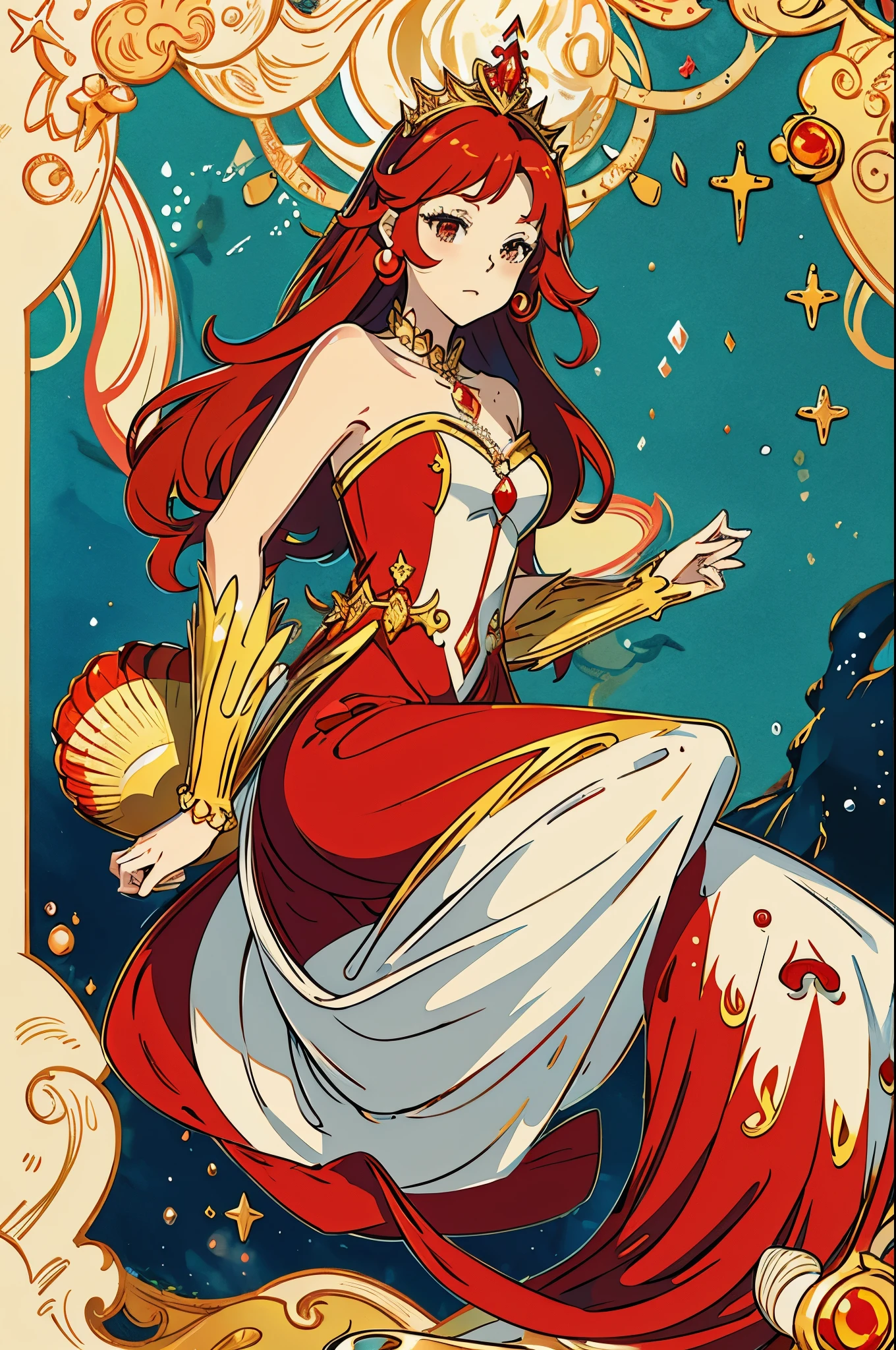 women are,Golden red hair,mermaid,vermilion scales,huge ,小mermaid,shell bra,Princess Crown,Pearl decoration,gem,Undersea background,In the water,