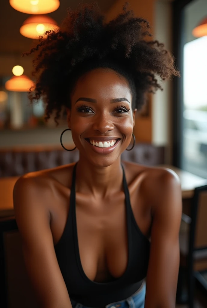 Thandi Minenhle, rayonnante de beauté avec de gros muscles solides et de gros  dans une tenue élégante, respire la confiance alors qu&#39;elle pose dans le restaurant. L&#39;éclairage parfait la baigne dans une ambiance chaleureuse, lueur flatteuse, illuminant chaque détail complexe de ses traits. Son arrière-plan clair ajoute au très détaillé, image nette, mettant en valeur son impeccable, texture de peau réaliste et yeux détaillés. Le photographe professionnel a capturé ce chef-d&#39;œuvre en résolution 4k, utilisant une faible profondeur de champ et Kodak Vision Color pour un maximum de détails et d&#39;authenticité. Le sourire charmant de Thandi brille radieusement, ajoutant au réalisme ultime et à la perfection photographique de cet instant. (Photoréaliste, ultra-