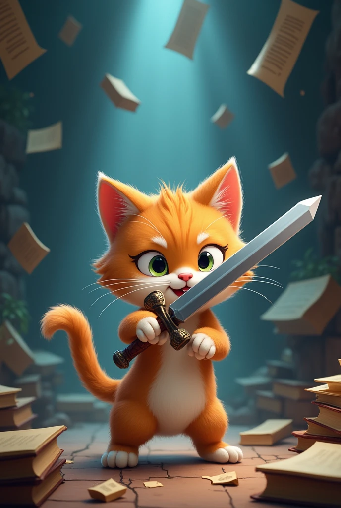 cute cat standing sword fighting with funny expression in a dark place with many realistic falling objects details ,4k hd,illustration