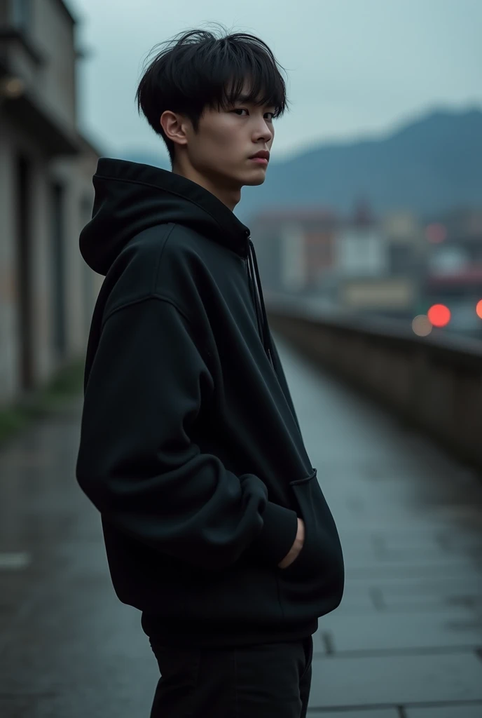 The midnight the black hoodie black pants white sneaker middle hair head  high nose low asian eyes  mongolian 182cm boy see face from the left side  face blur from mountain and ulaanbaatar city