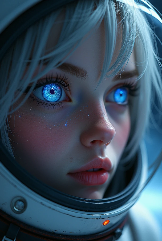 (Close-up of a better masterpiece:1.5)0.9], (Space and astronauts:1.2) (Messy silver hair:1.1) (Heterochromia xanthochromia and blue eyes:1.2) (Space Helmet:1.0) (Colored stars in the eyes:1.0) (A radiant glow:1.1) (thick lips:0.9)