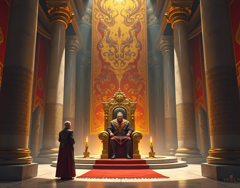 Make me a huge hall of a kingdom, with marble pillars supporting the high ceiling decorated with tapestries depicting ancient battles. On the golden throne, carved with minute details of dragons and lions, was the King, A middle-aged man with a serious expression, but fair. Next to you, his adopted son Skarin who must have been 20 years old, known for his wisdom, watched him with attentive eyes.