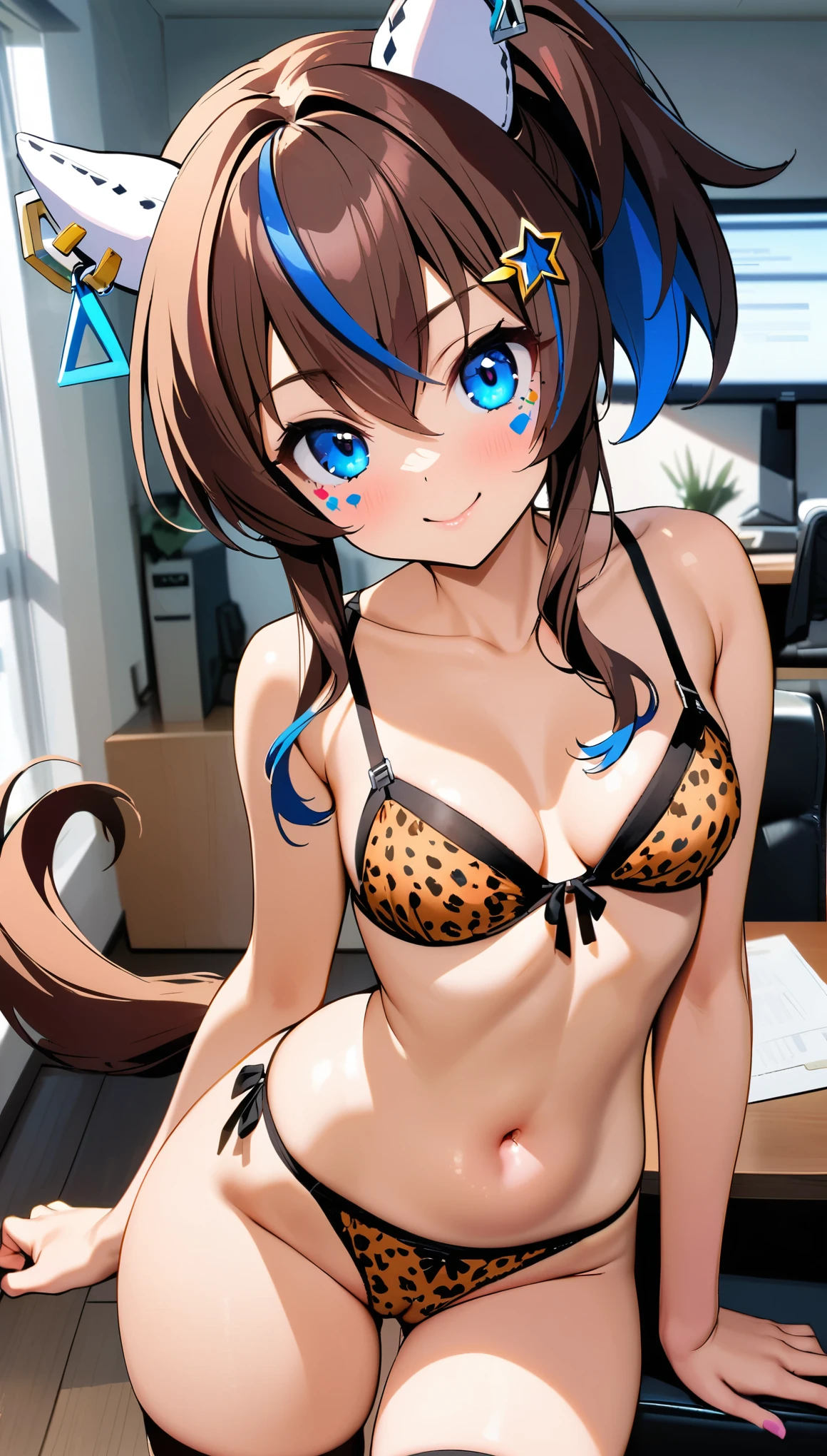 [[One person, Matikane Tannhauser \(umamusume\), umamusume]], , Small breasts, attention to beautiful details, Close one eye, ((indoor, office, living room), ), Curvy, thin, (Thigh-high socks), (Cleavage) , (Sexy pose), (Seductive pose), (belly button), (indoor, office, living room), smile, (Close-up shot), Dynamic Angle, Highest quality, Very detailed, masterpiece, Ultra-high resolution, 8k, Nipples, (Horse tail), (panties), (bra), (underwear姿で), (underwear), (Camel Toe), (lingerie), Have, Narrow waist, Long Hair, hat, 片耳に小さなhat,
