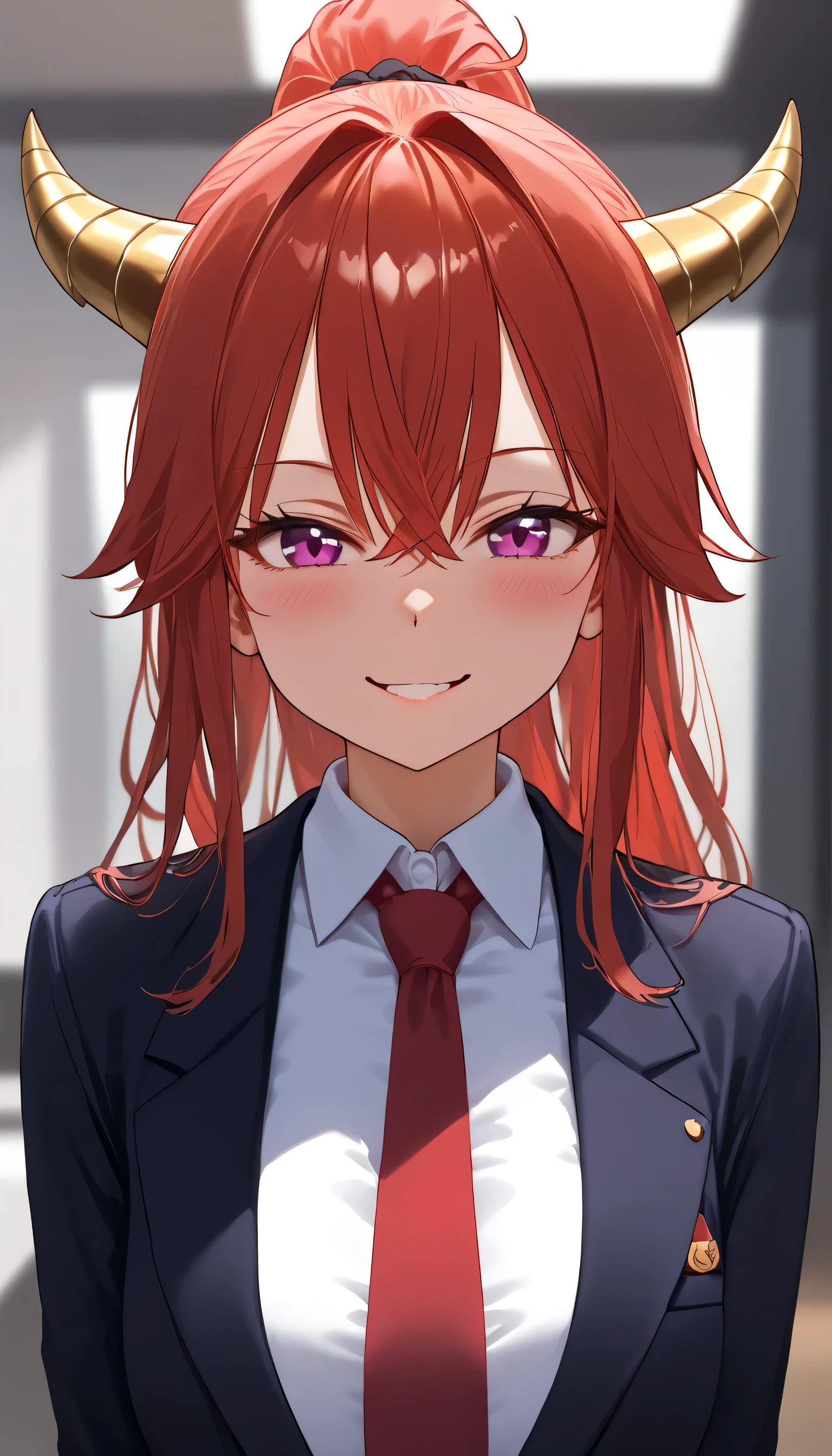 shiny skin, 1girl, ponytail hairstyle, parted lips, black skirt, bangs, hair tie, ((pink and purple color eyes, pink and purple Heterochromia eyes, beautiful detailed eyes, (cat pulils)), blush, breasts, shirt, small breasts, solo, looking at viewer, red hair, long red hair, black coat, black suit, red tie suit, white shirt, closed mouth, long sleeves, ponytail hairstyle, collarbone, smile, large smile, ((small horns, gold horns, horns towards the bangs, the ends of the horns are on the bangs, dragonian)) 