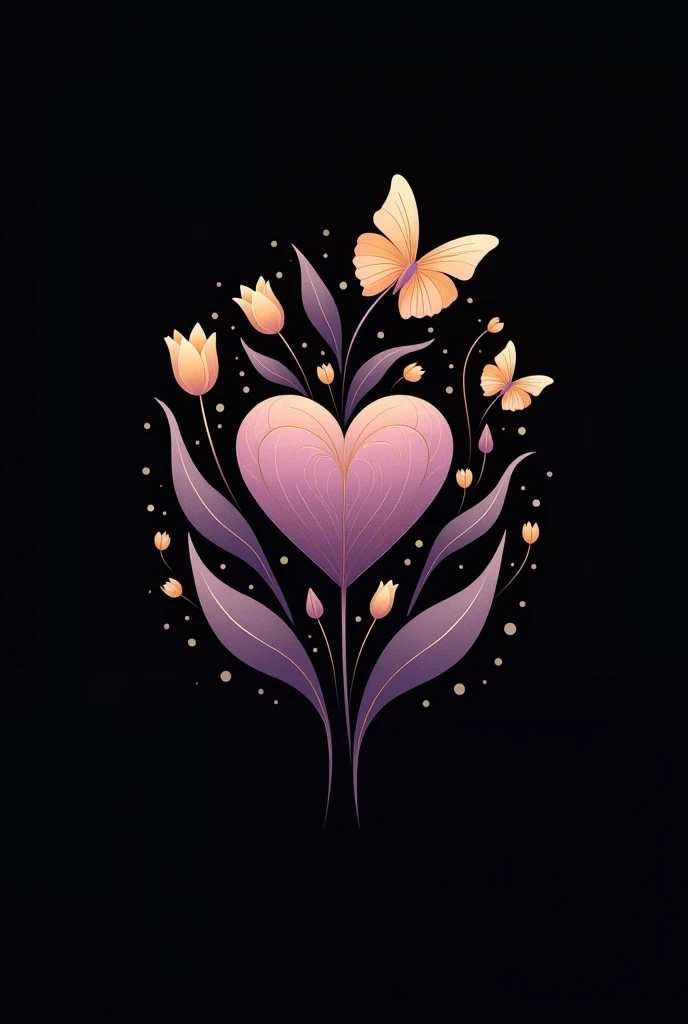 I need a logo for my psychological office, in lilac and gold colors, black background, make it elegant, in the center half mind and half heart in balance, tulips and butterflies coming out of it, more golden