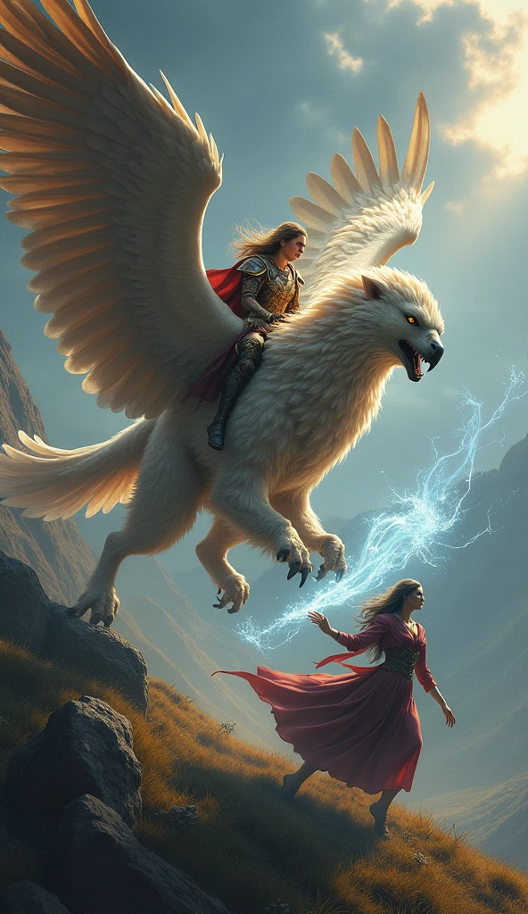 1 mighty griffin, griffin and its rider, beautiful witch casting spell, digital painting, realistic photography, fantasy, dynamic composition, dramatic lighting, vibrant colors, highly detailed, intricate, epic, cinematic, volumetric fog, glowing magical energy, expressive character poses, dramatic camera angle, photorealistic, 8k, best quality