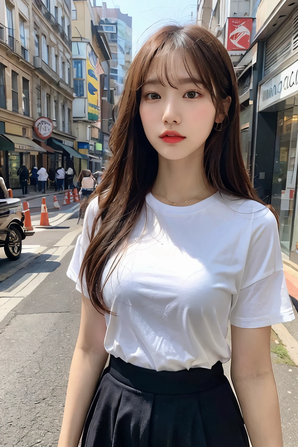 (masterpiece, best quality), 1girl, long hair, shiny hair, looking at viewer, standing, upper body, (urban area:1.2), (natural light:1.1)