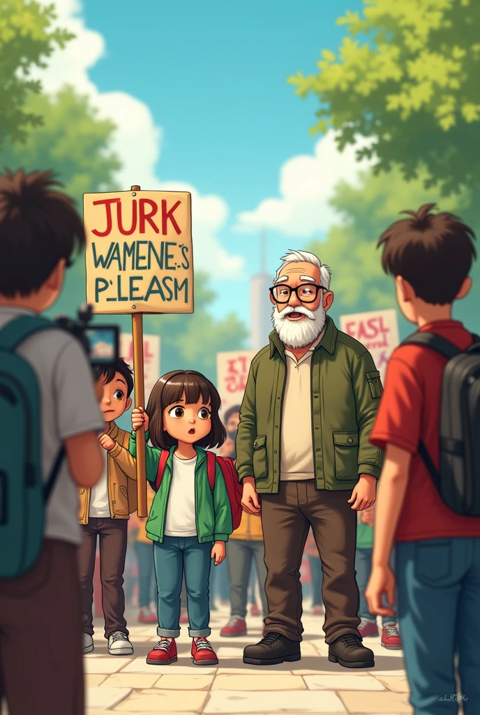 A seven-year-old girl, short hair without bangs and with chocolate hair color,
a grandfather with a short beard and short white hair, without glasses.
A group of children, all seven, eight and nine years old.
everyone demonstrating in a city park, In their hands they carry banners, Banners shouting slogans about environmental protection.
television and radio media, They are recording and another one is in the middle of an interview