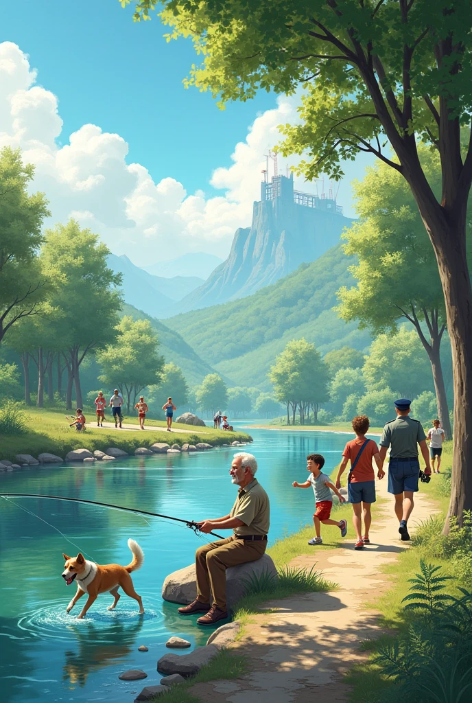 The old man is fishing in the river.
2. Children play on the river bank.
3. The dog runs and plays with the children.
4. The plane flies high in the sky.
5. The couple walks hand in hand and enjoys the scenery.
6. The sun shines and warms everyone.
7. The river flows smoothly.
8. The wind blows gently and moves the leaves of the trees.
9. The branches of the trees sway in the wind. 10. Construction workers are building a new house on the hill.
11. The athlete runs along a path near the river. 12. The policeman is watching.