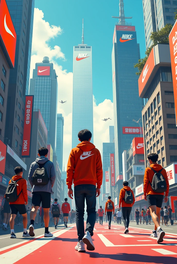 Ville coréene avec des swoosh (logo nike)+ partout et tout les habitants sont en nike
