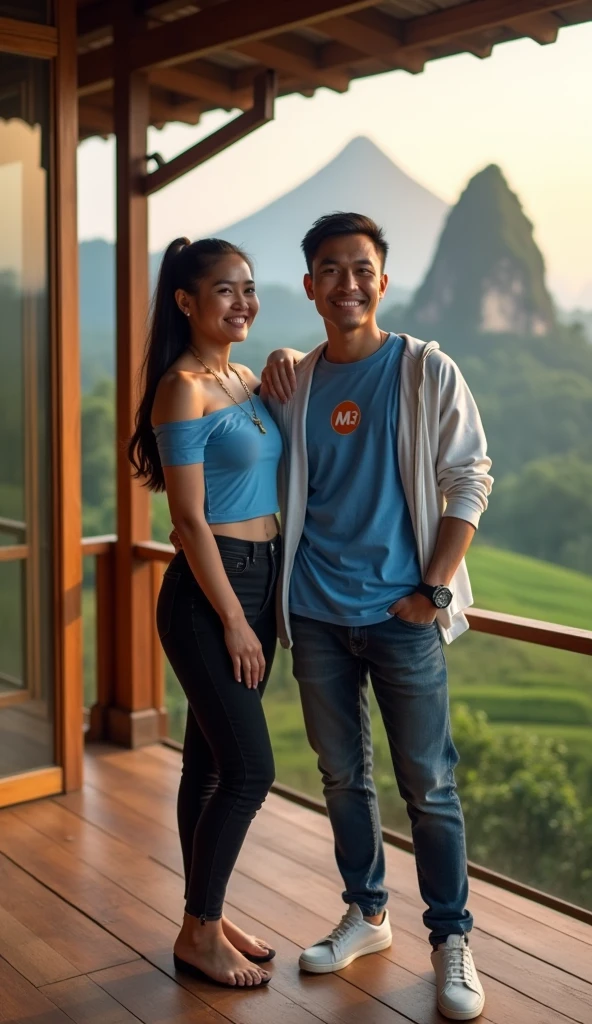 long range shot, whole body, a beautiful indonesian woman red lips long straight hair ponytails tight blue tshirt off shoulders black jeans wearing necklace smiling black shoes, standing next to a Sundanese man with a clean face and neat short hair, blue t-shirt white jacket , T-shirt with M3 writing on it, jeans pants, on the edge of the terrace of a wooden building, wooden villa with aesthetic and minimalist design, has large glass windows with wooden frames, a glass of warm tea on the floor, bokeh background with a very wide green natural view of the rice fields stretching out, looks like a very big green mountain with a very high and beautiful waterfall, hills, tea plantation and forest seen from a distance and sunset, realistic image, highly detailed vfx portrait, smiling face looking at., portrait photography, poster, photo