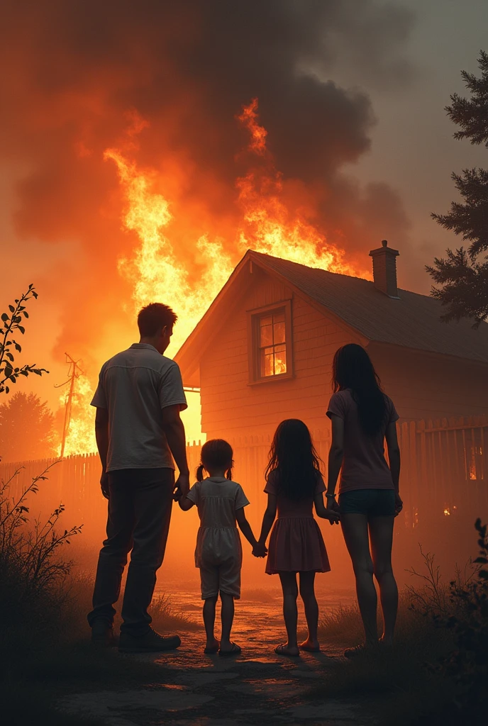 A distressed family standing outside a burning home, with expressions of shock and despair.