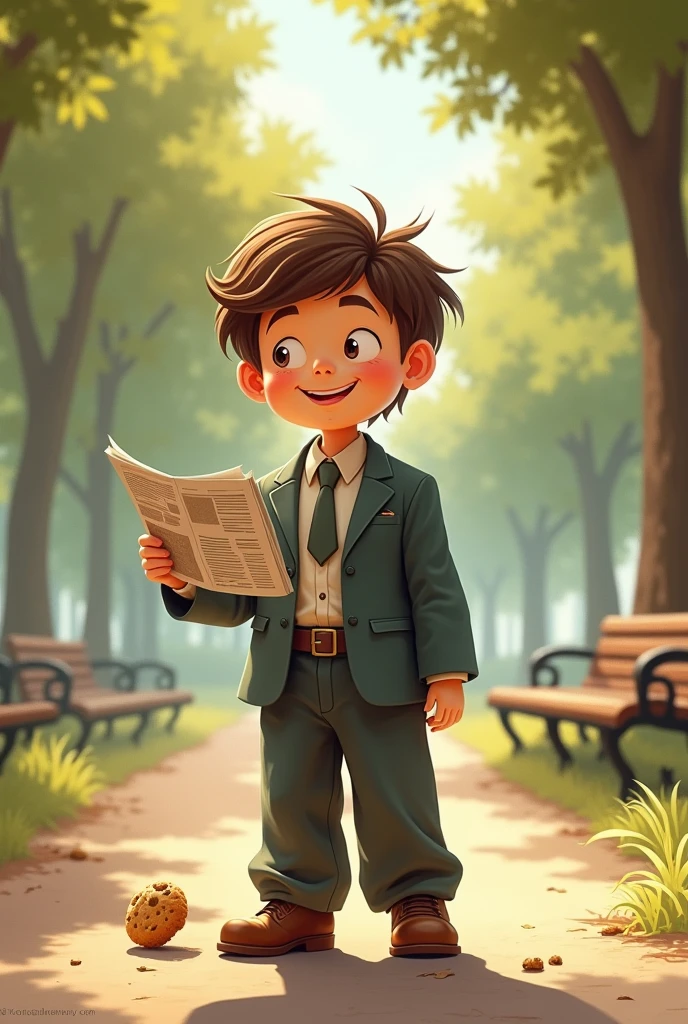 "A sunny park with trees and a bench in the background. A 5- boy stands at the center, dressed in an oversized adult suit with large pants, a buttoned shirt, a tie, and shoes that are clearly too big for him. The boy is smiling, holding a large cookie in one hand and pretending to read a newspaper with the other. The scene is warm and nostalgic, with soft, warm colors that evoke a sense of innocence and childhood memories. The overall atmosphere is peaceful and inviting, capturing the contrast between childhood playfulness and adult roles." Con la mano igual, pero sin galleta 