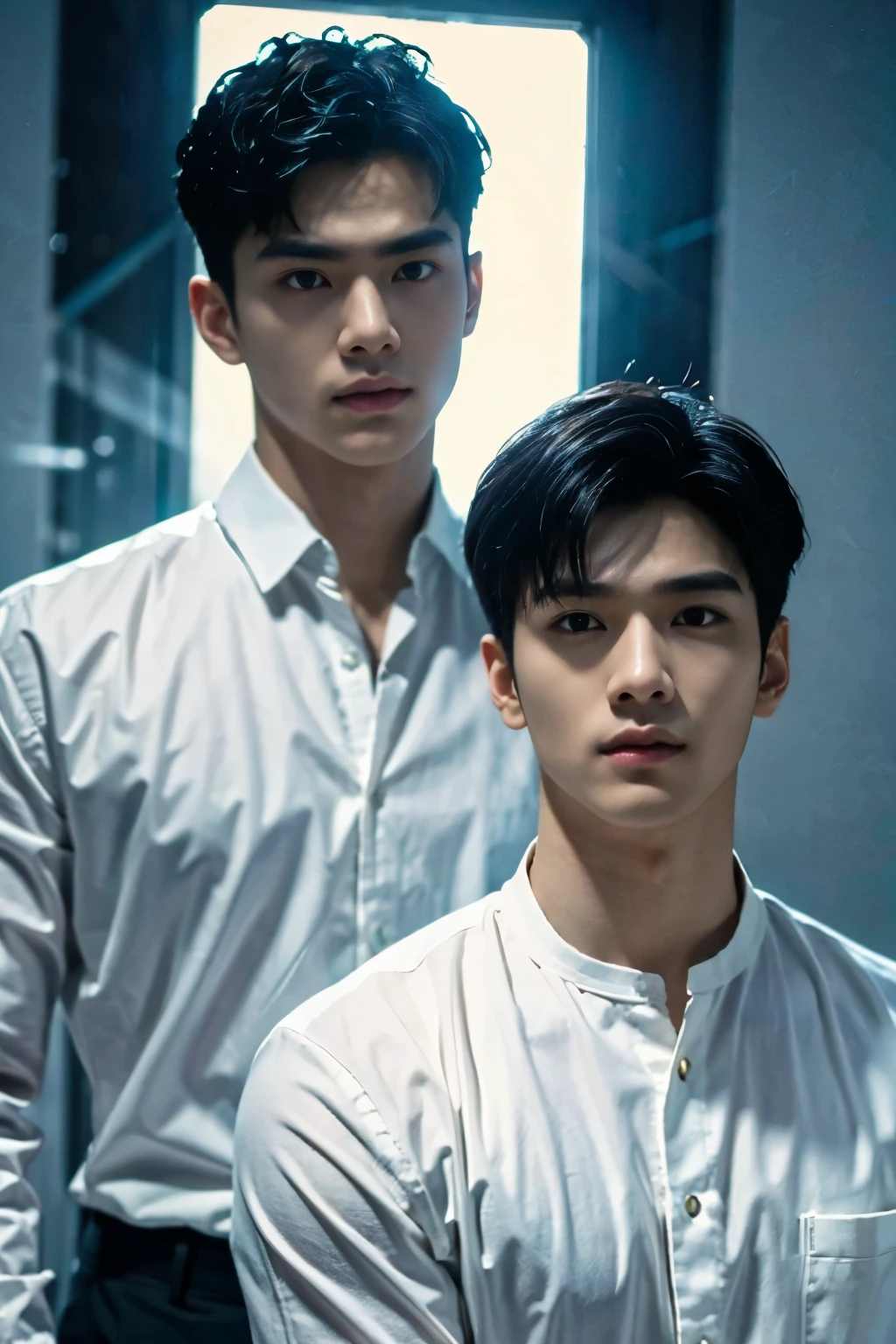 ((Masterpiece)),((best quality)),8ก,Highly detailed,Very detailed, Neutral expression, Stylish pose, Real skin texture, movie light,
Asian gay couple, black hair, black eyes, both wearing white shirts, muscular.