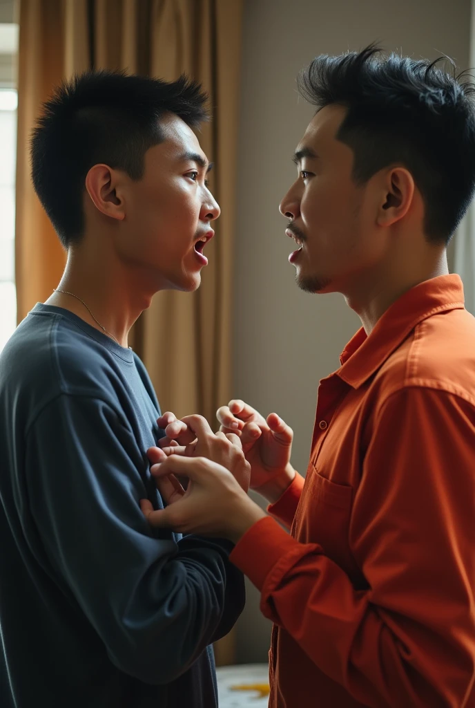 Father and son are arguing hard at home. They are both chinese nationality. 