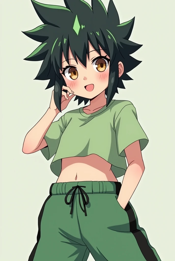 YOU COULD CREATE A CHARACTER WITH ANIME AESTHETICS THAT HAS BLACK HAIR WITH DARK GREEN SPIKED UP, A WELL-DEFINED FACE THAT TRANSMITS INNOCENCE, KINDNESS, LIGHT BROWN EYES, OUTFIT: Loose green sports pants with a black stripe around the waist and a light green crop top