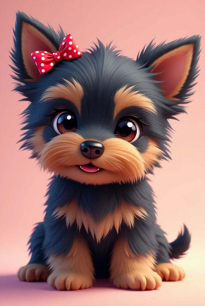 a close up of cute adorable Yorkshire Terrier puppy with a black-blue coat, lighter shades on face and paws. Her fur is long silky and smooth, little triangolar ears. The Yorkshire wears TWO small red bows with white polka dots and mid long pigtails on her head, The puppy has sparkling eyes and a cheerful, slightly open mouth. cute dog, kawaii cute dog, cute woman, yorkshire terrier, cute digital art, painting of cute dog, cute girl, adorable digital painting, puppy, cute detailed digital art, isometric 3d fantasy cute dog, cute animal, cute adorable, pet animal, cute 3 d render, adorable, cutest