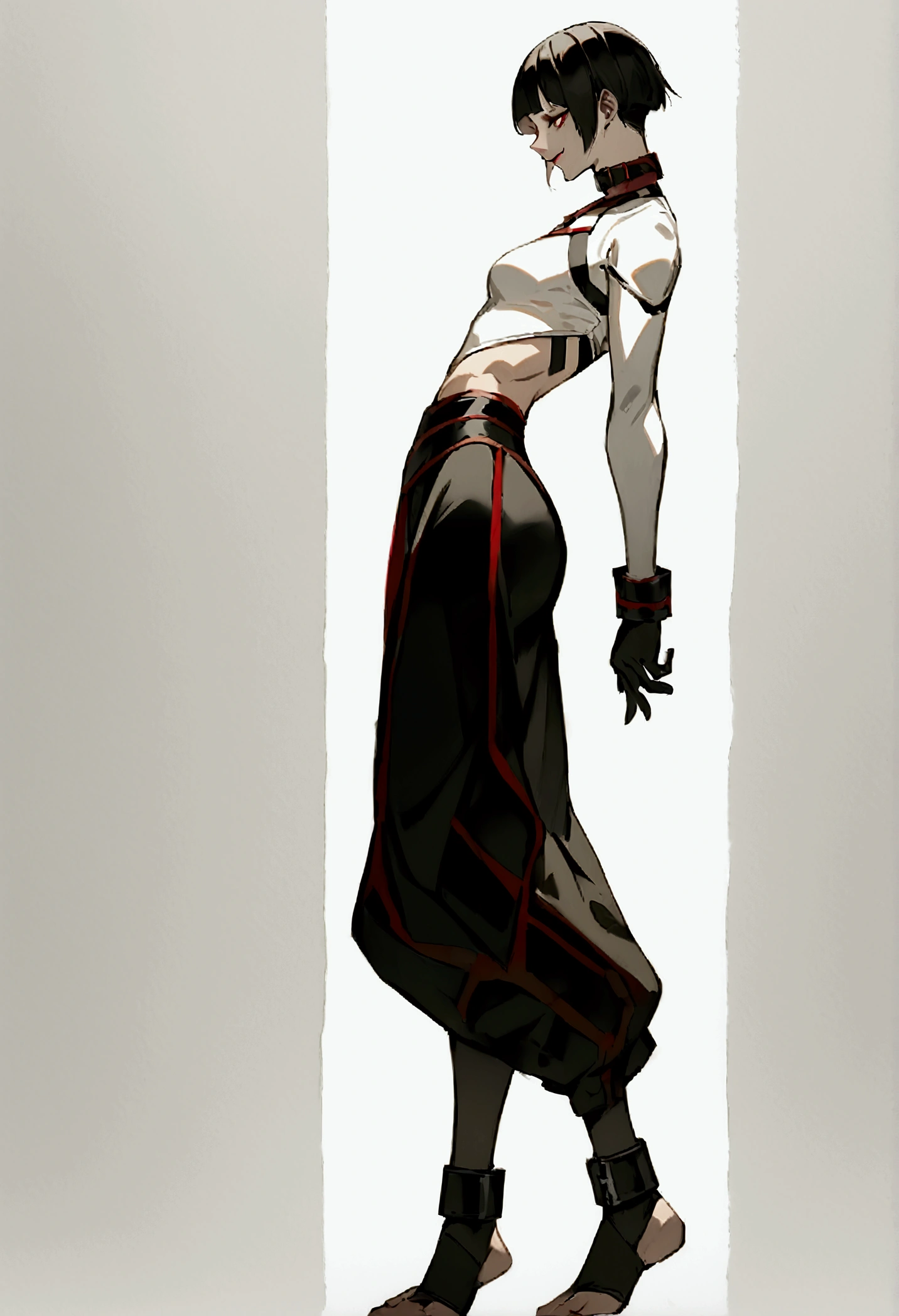fully body,standing,alone,short hair,work of art,face detailed,young fitness linda,Wearing black pantyhose,tight white sweater with collar ,neckleace,evil smile,red eyes glowing,labiaa,eye shadow,bangs on the eyes,black gloves,from sideways,perfil from sideways
