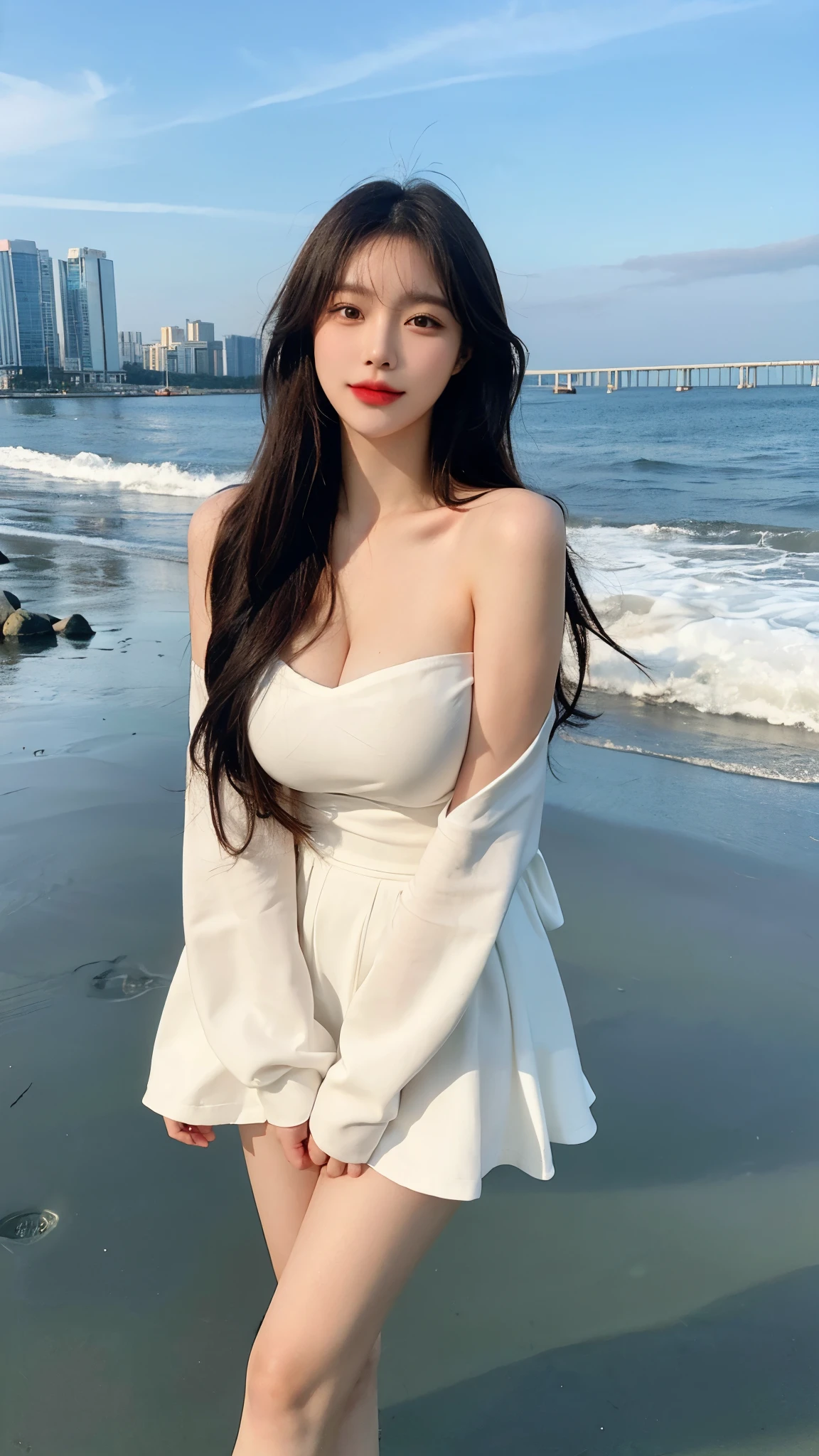 Beautiful woman with perfect figure:1.6，Ultra-high resolution，4K，Sailor Suit，Beach Background，Long hair，Big Breasts，cute，White legs，(Lifelike:1.4)，Layered hairstyle，White skin，whole body，Very delicate face and skin texture，Double eyelids，Skin Whitening，