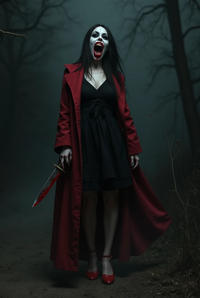she、A woman with a pale face and white skin、Scary appearance with black eyes。Her mouth is covered in red lipstick and is torn open all the way to her ears.。Laughing while bleeding。long, Black Hair; she、Wearing a black dress。She's wearing a red coat over it., she恐ろしい見た目, sheWearing a red beret。Her eyes are black。The background is a horror-like black。Please show the whole body in the field of view。sheとても泣きながら笑っている。Standing in red heels。The background is the Japanese countryside。Dimly lit in the countryside at night、Creepy。sheWearing a red beret。Hold a knife in your hand。Wearing a red beret。