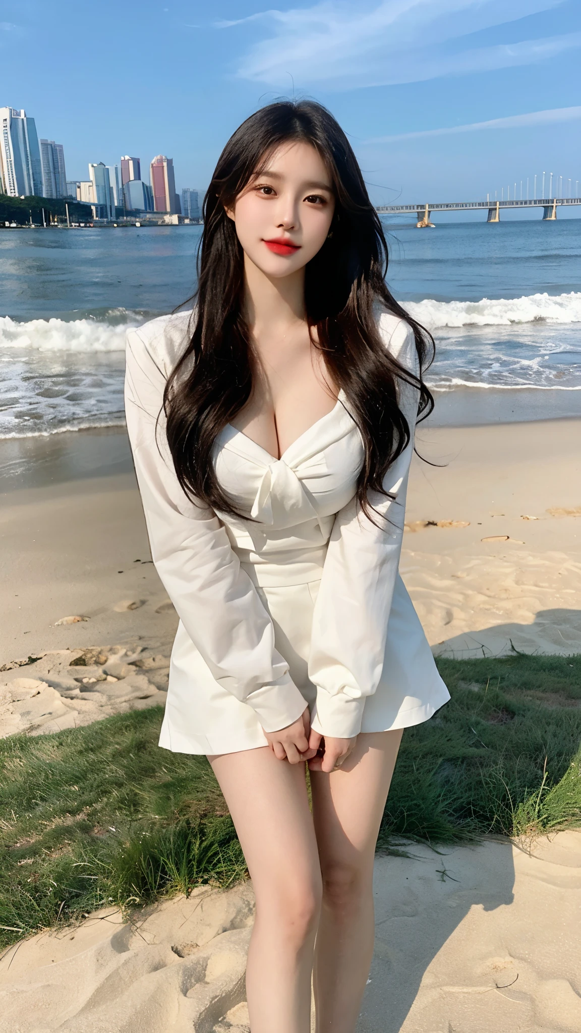 Beautiful woman with perfect figure:1.6,Ultra-high resolution,4K,Sailor Suit,Beach Background,Long hair,Big Breasts,cute,White legs,(Lifelike:1.4),Layered hairstyle,White skin,whole body,Very delicate face and skin texture,Double eyelids,Skin Whitening,