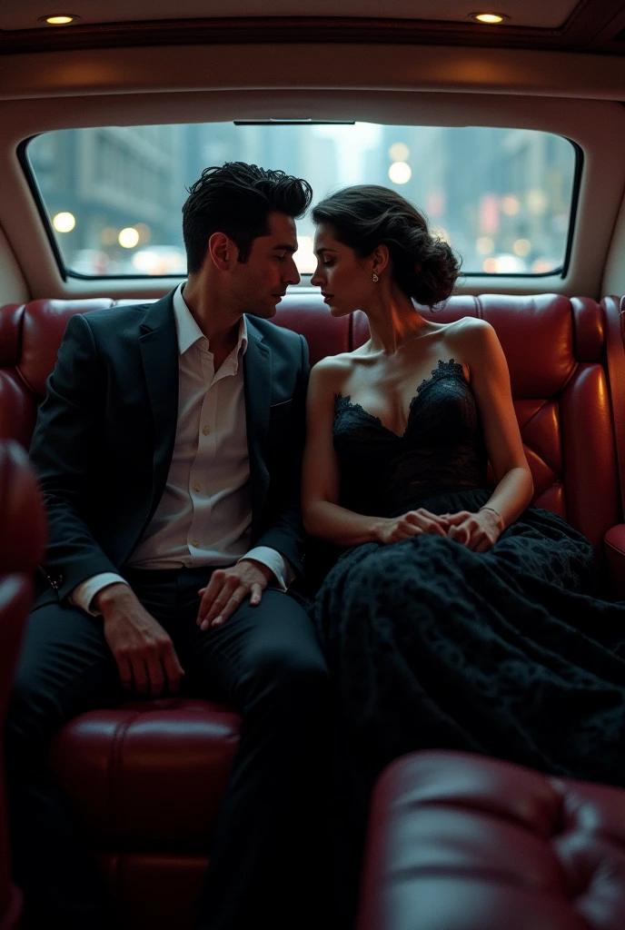 A highly realistic and detailed visual depiction of Caius Varro, a young and handsome Obsidian Order operative, having a secret meeting with Lady Ophelia d’Aurelis in the backseat of her ultra-luxury state car. The scene is intimate and intense, with the two characters seated close together in the opulent, dimly lit interior of the car. Caius, dressed in a sharp, fashionable suit, looks into Lady Ophelia’s eyes with a mix of devotion and tension. Lady Ophelia, a powerful and elegant woman, is dressed in a luxurious, dark gown that exudes authority and sophistication. Her expression is calm but intense, as she leans in to speak with Caius. The car's interior is lined with plush leather seats, rich wood accents, and soft ambient lighting, creating a private and clandestine atmosphere. The outside world is barely visible through the tinted windows, emphasizing the secrecy of their meeting. The art style is realistic, capturing the emotions and dynamics of this secretive and dangerous relationship.