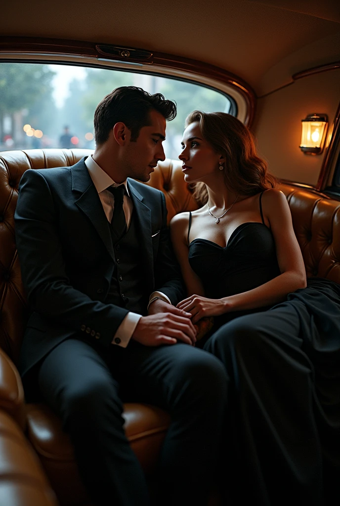 A highly realistic and detailed visual depiction of Caius Varro, a young and handsome Obsidian Order operative, having a secret meeting with Lady Ophelia d’Aurelis in the backseat of her ultra-luxury state car. The scene is intimate and intense, with the two characters seated close together in the opulent, dimly lit interior of the car. Caius, dressed in preppy style, looks into Lady Ophelia’s eyes with a mix of devotion and tension. Lady Ophelia, a powerful and elegant woman, is dressed in a luxurious, dark gown that exudes authority and sophistication. Her expression is calm but intense, as she leans in to speak with Caius. The car's interior is lined with plush leather seats, rich wood accents, and soft ambient lighting, creating a private and clandestine atmosphere. The outside world is barely visible through the tinted windows, emphasizing the secrecy of their meeting. The art style is realistic, capturing the emotions and dynamics of this secretive and dangerous relationship.